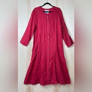 FLAX Long Linen Dress Red Button Up Duster Maxi Layering Jacket Size M